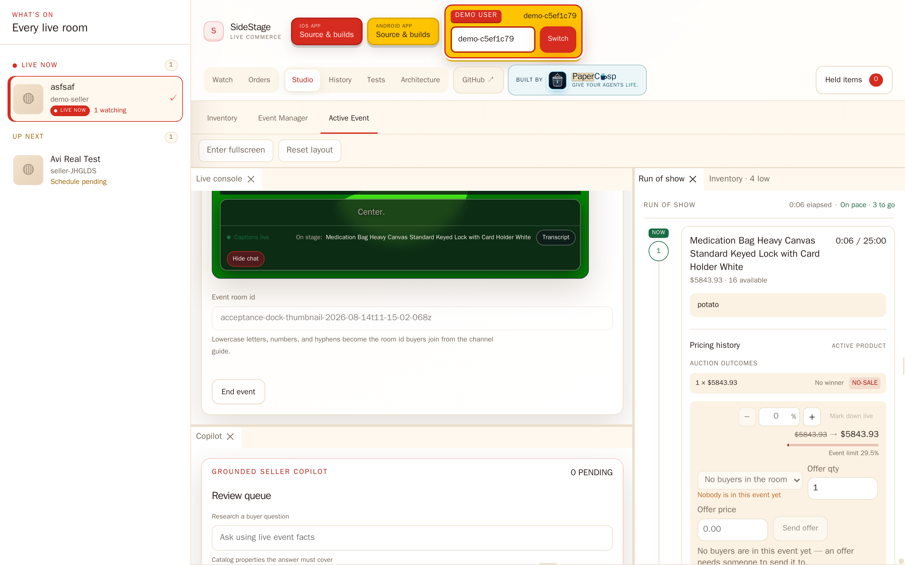 The SideStage seller studio: live console with captions running, the run of show timing the current item, pricing history with a markdown control, and the copilot review queue